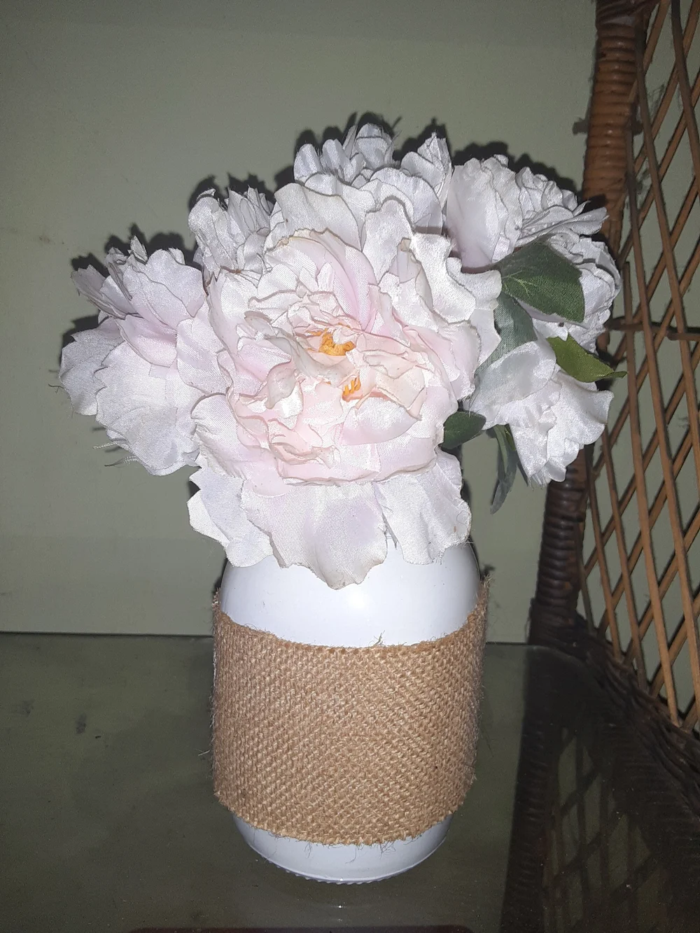 Neutral White Mason Jar Vase with 'Blessed' Burlap Band and Light Pink Flowers